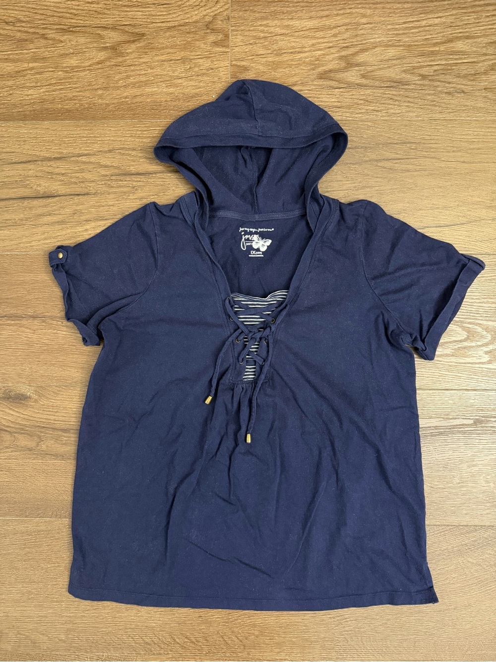 Just My Size Navy Blue Lace-Up Hooded Short Sleeve Sweatshirt